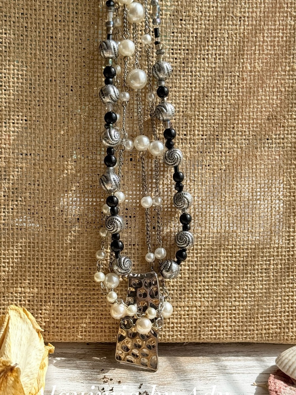 Black onyx White pearl & Silver Multi-Strand Pendant Necklace